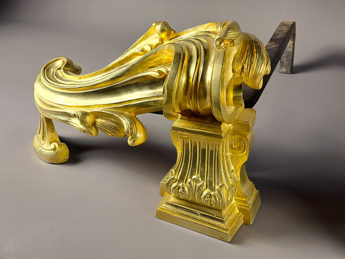 Pair Of Large Transition-style Andirons In Gilded Bronze-photo-3