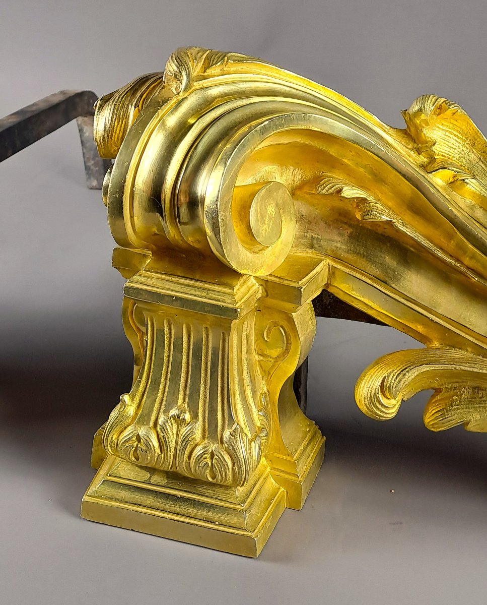 Pair Of Large Transition-style Andirons In Gilded Bronze-photo-4