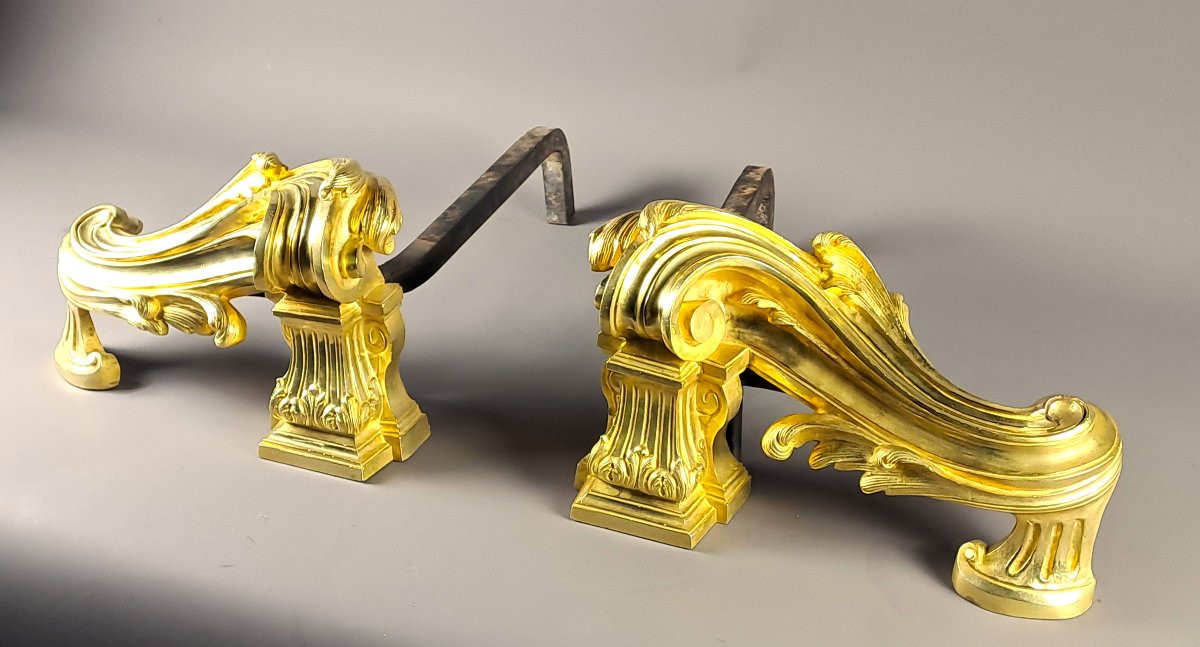 Pair Of Large Transition-style Andirons In Gilded Bronze-photo-1