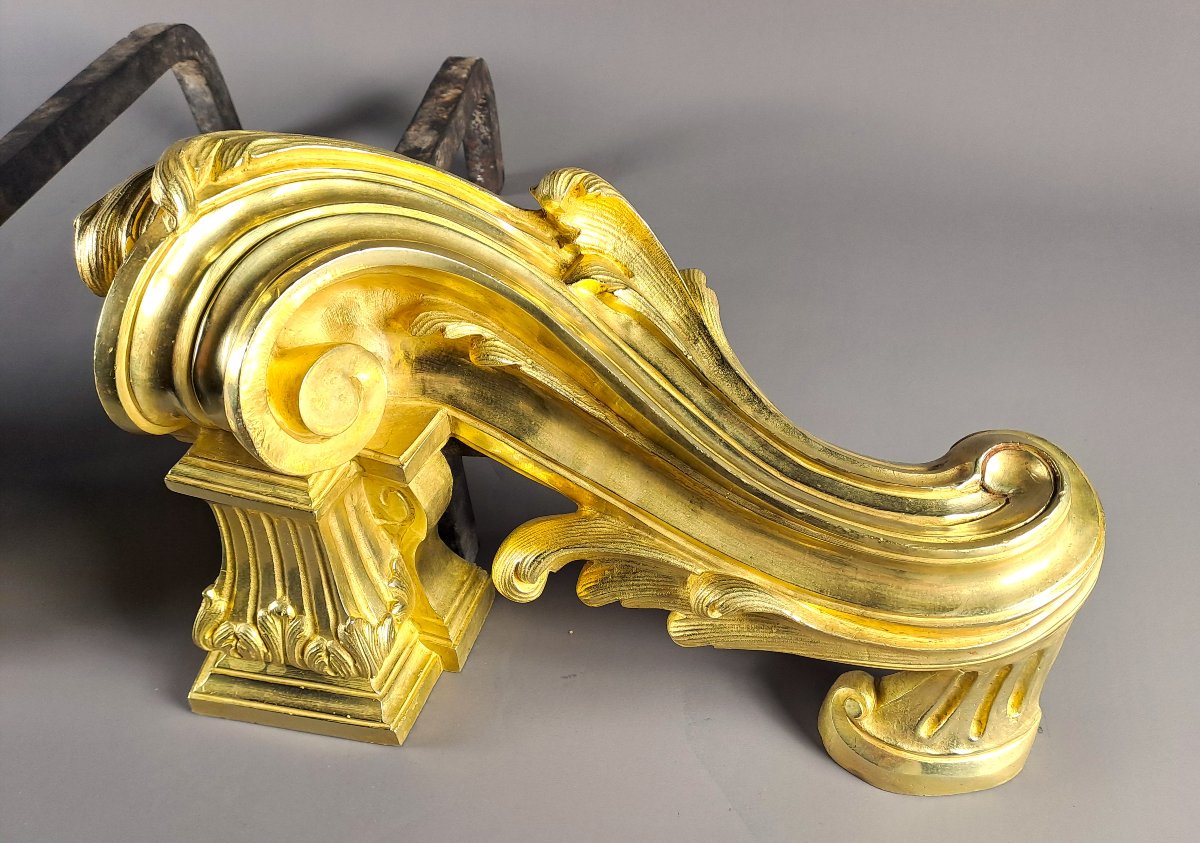 Pair Of Large Transition-style Andirons In Gilded Bronze-photo-2