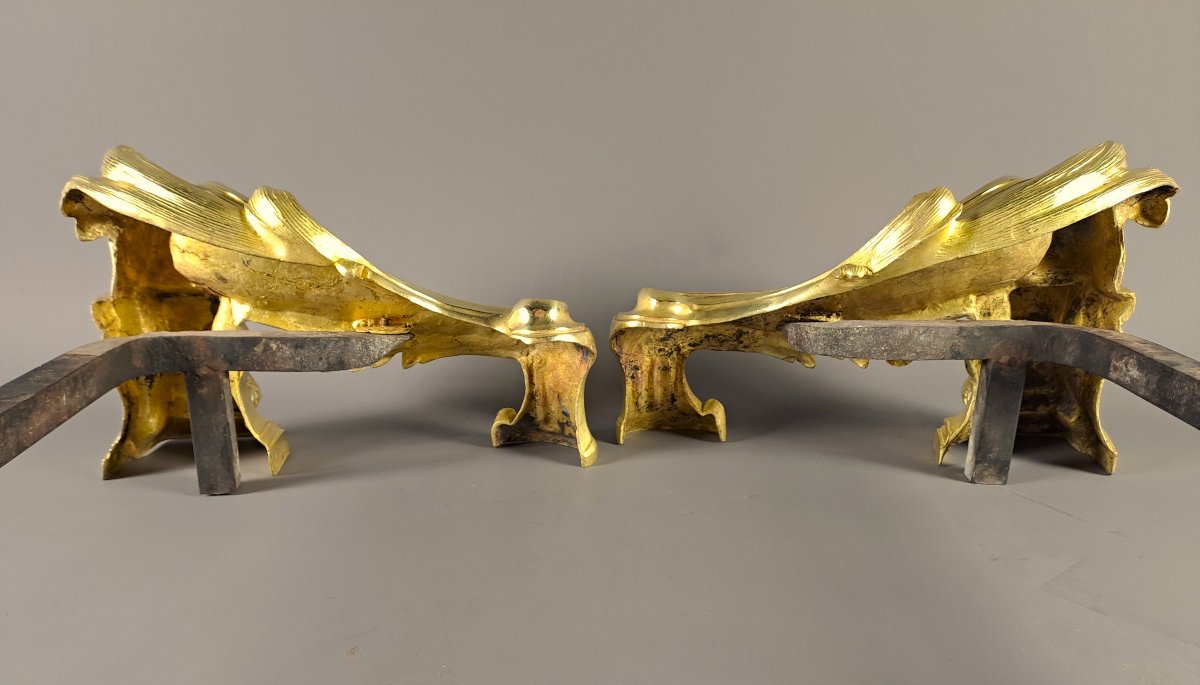 Pair Of Large Transition-style Andirons In Gilded Bronze-photo-4