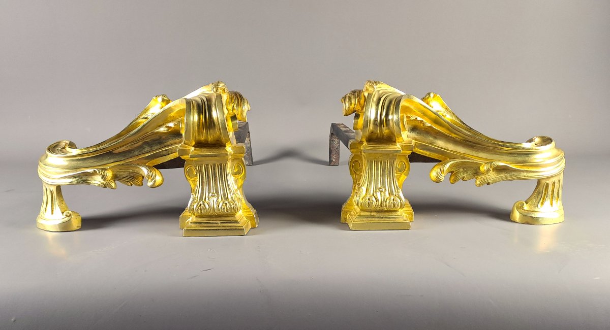 Pair Of Large Transition-style Andirons In Gilded Bronze