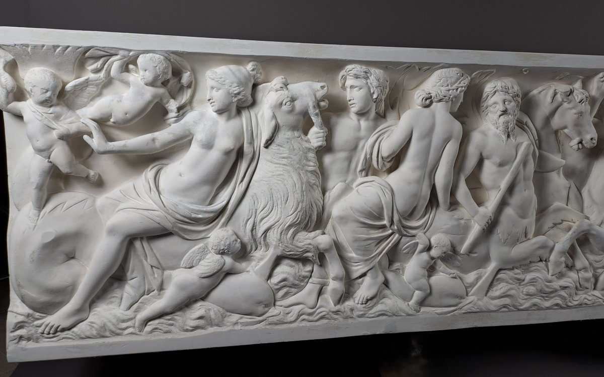 Grand bas-relief en plâtre (240cm) – cortège marin mythologique dit des Néréides-photo-3