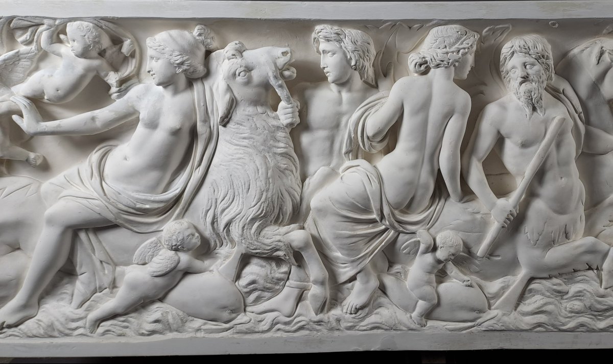 Grand bas-relief en plâtre (240cm) – cortège marin mythologique dit des Néréides-photo-3