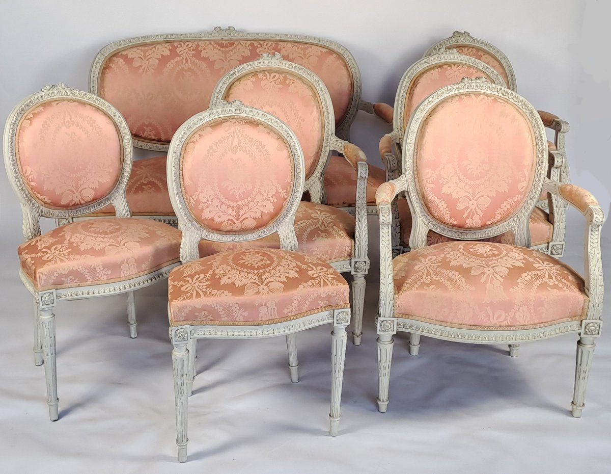 Louis XVI-style Living Room Set In Lacquered Wood—7 Pieces