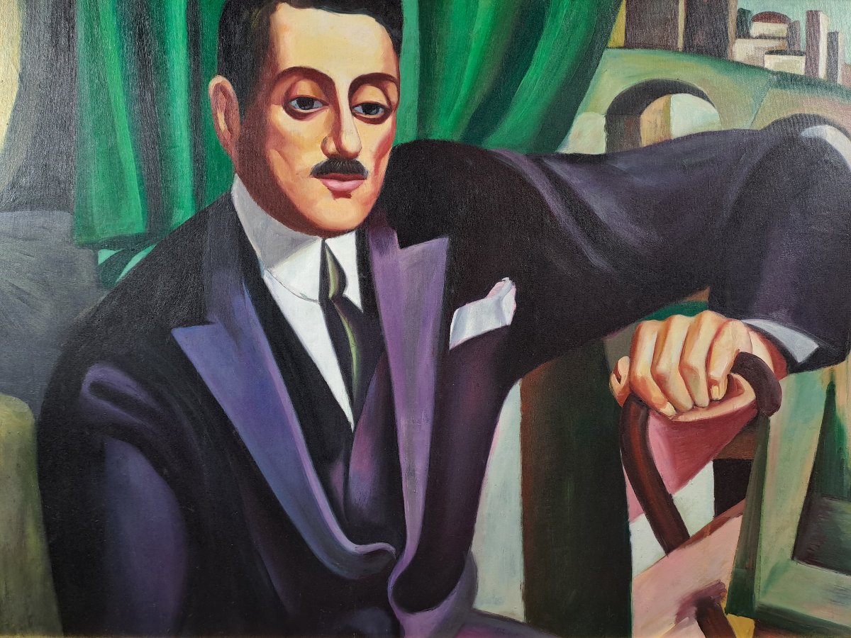 Tamara De Lempicka (after) - Portrait Of Prince Eristoff - Oil On Canvas-photo-1