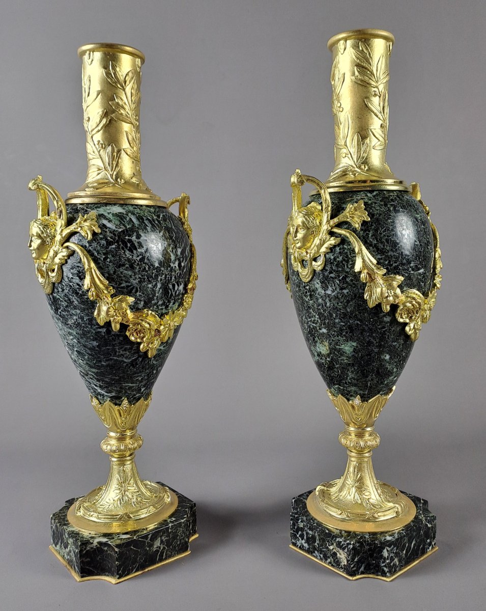 Pair Of Louis XVI-style Cassolettes In Gilded Bronze And Sea-green Marble