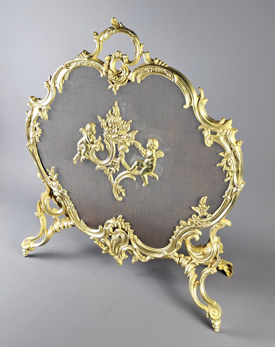 Pare-feu de style Louis XV Rocaille en bronze doré estampillé Charles Casier à Paris-photo-1