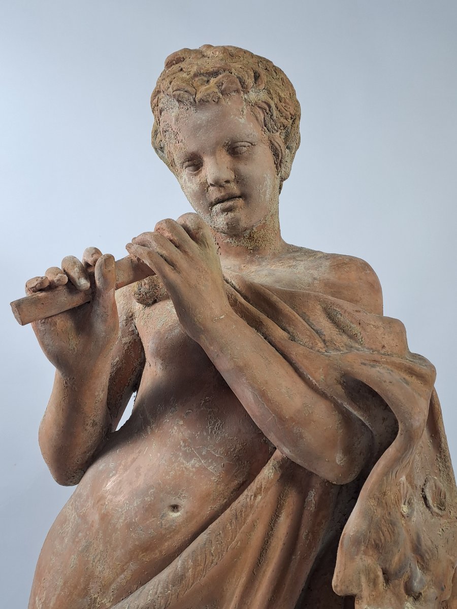 Le Faune flûteur – Grande épreuve en terre cuite du XVIIIème siècle-photo-3