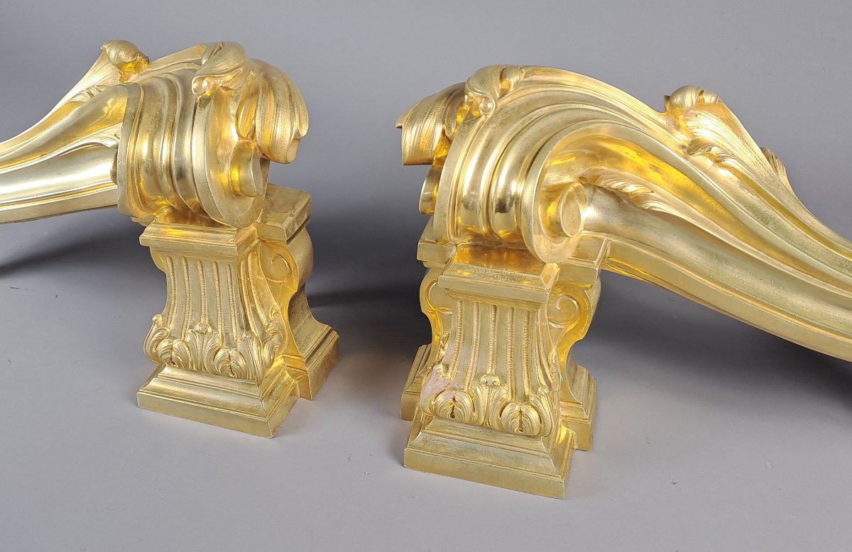 Paire de grands chenets de style transition en bronze doré-photo-2