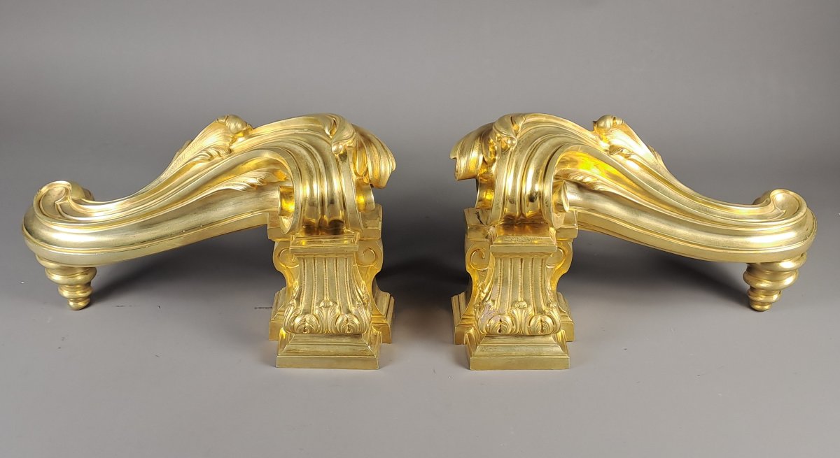 Paire de grands chenets de style transition en bronze doré-photo-4