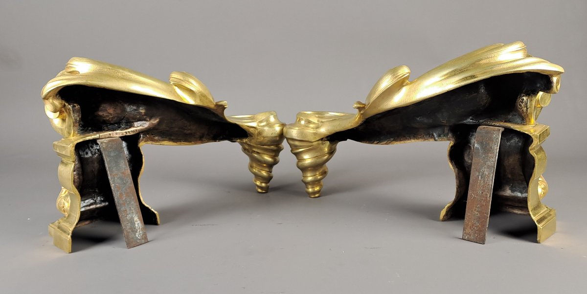 Paire de grands chenets de style transition en bronze doré-photo-1