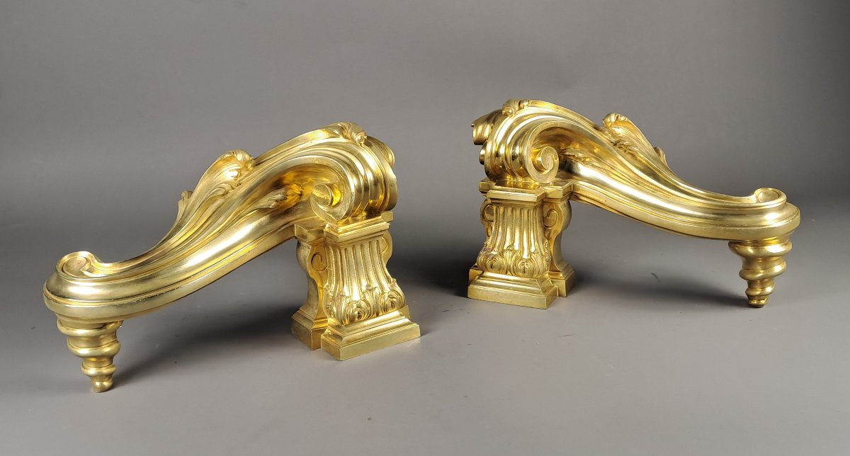 Paire de grands chenets de style transition en bronze doré-photo-3