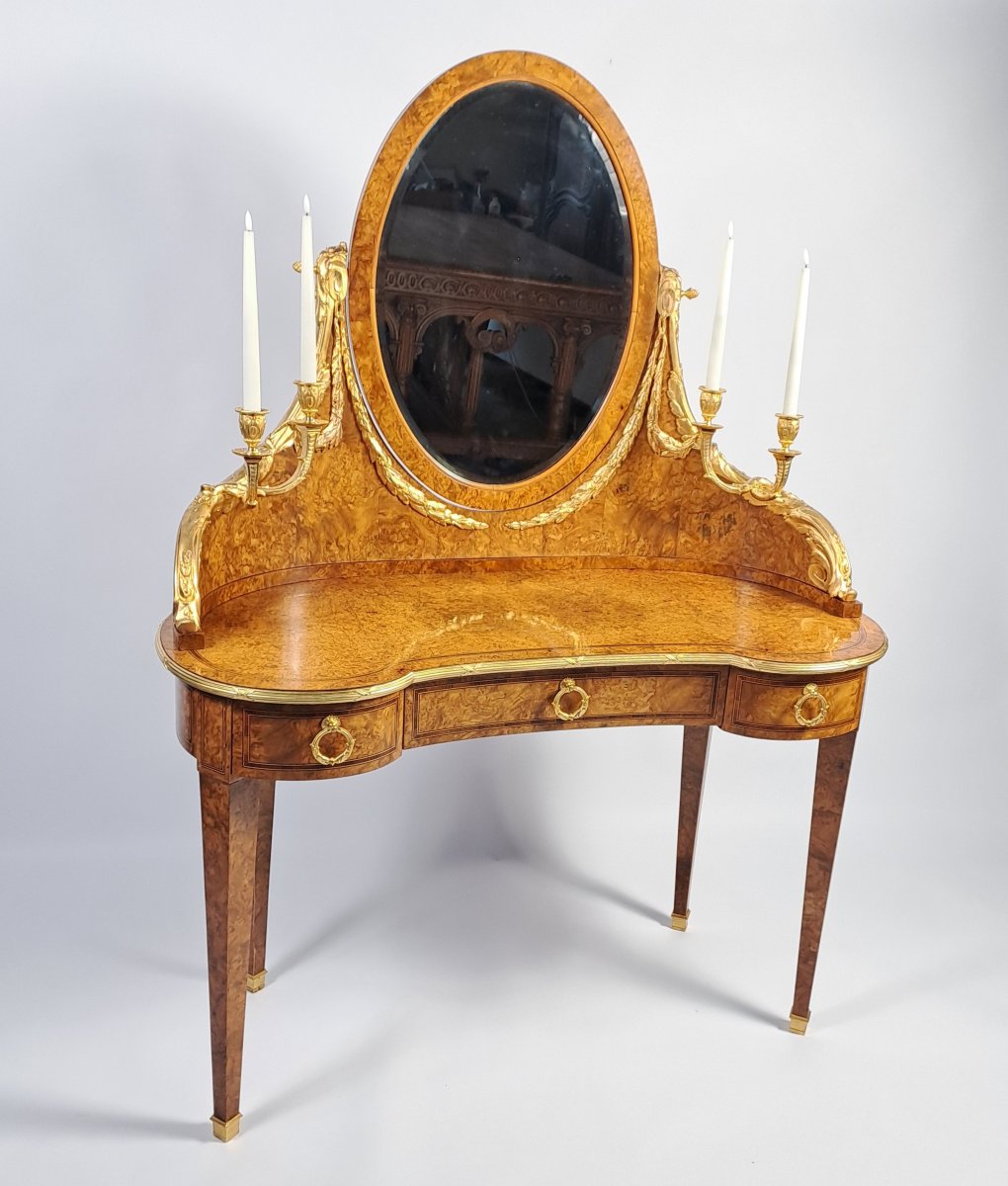 Louis XVI-style Dressing Table In Burl Marquetry And Gilded Bronze-photo-2