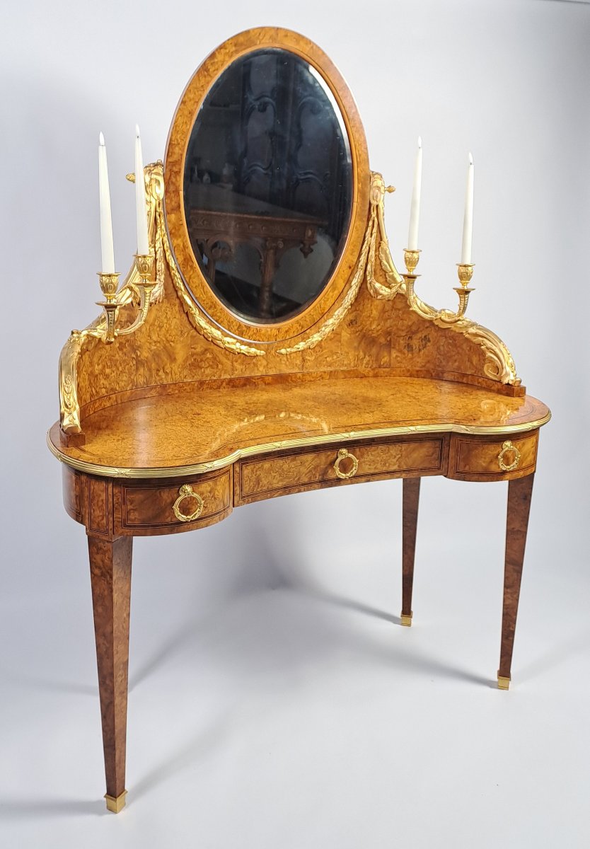 Louis XVI-style Dressing Table In Burl Marquetry And Gilded Bronze-photo-3