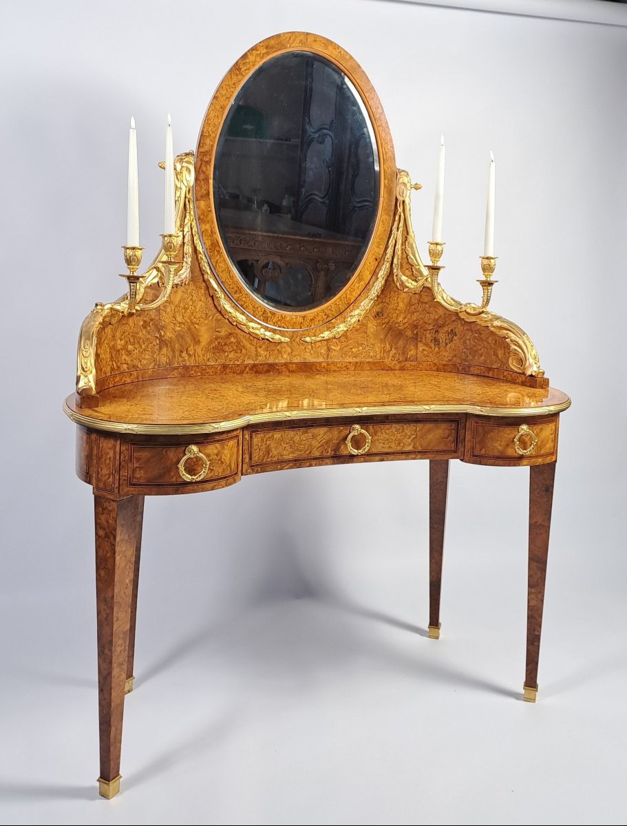 Louis XVI-style Dressing Table In Burl Marquetry And Gilded Bronze-photo-3