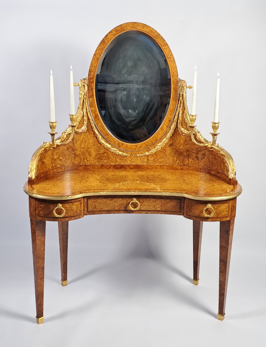 Louis XVI-style Dressing Table In Burl Marquetry And Gilded Bronze-photo-5