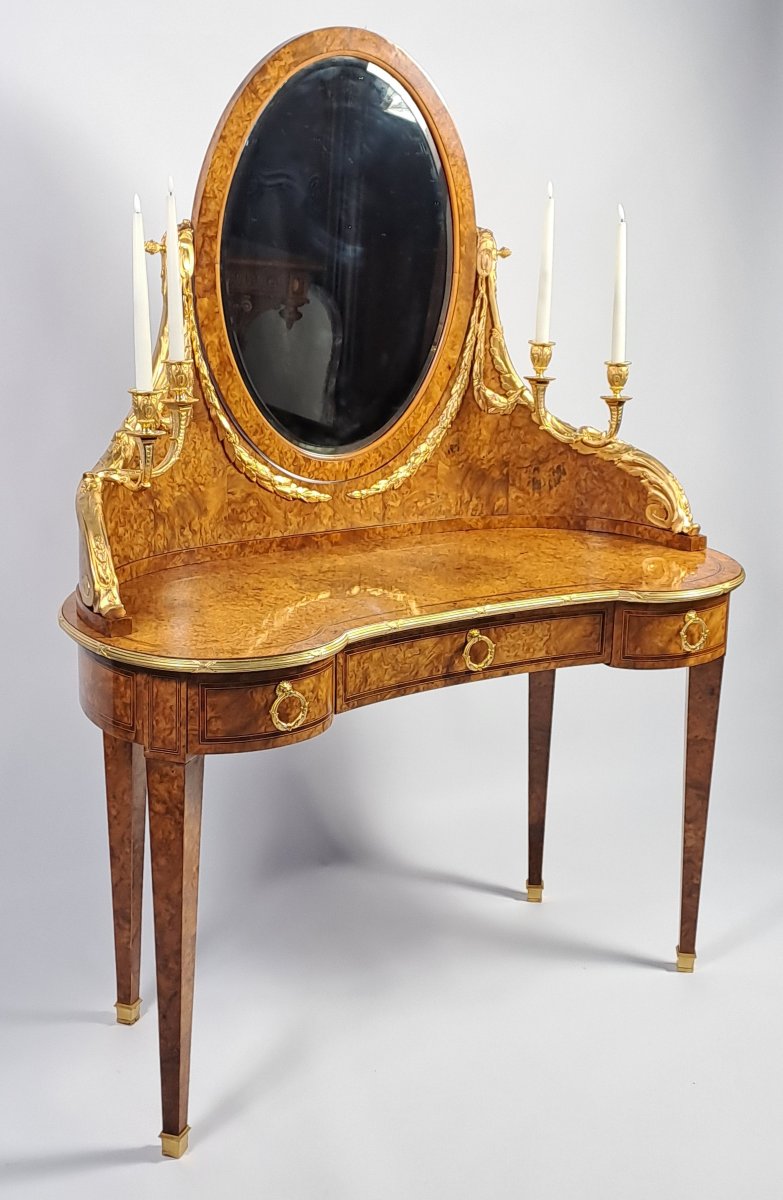 Louis XVI-style Dressing Table In Burl Marquetry And Gilded Bronze-photo-6