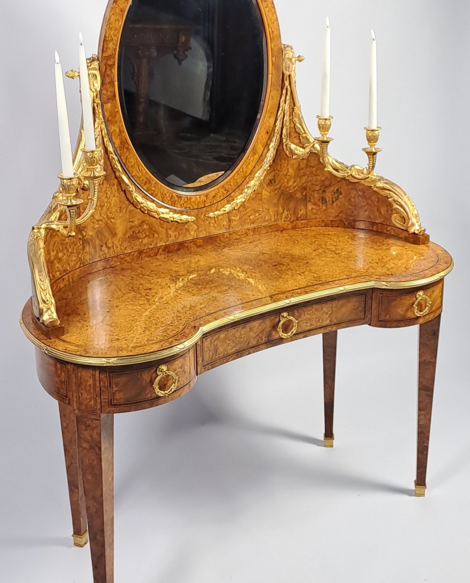 Louis XVI-style Dressing Table In Burl Marquetry And Gilded Bronze-photo-7