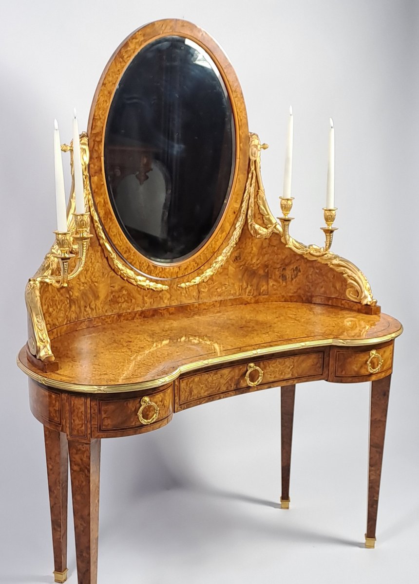 Louis XVI-style Dressing Table In Burl Marquetry And Gilded Bronze-photo-8