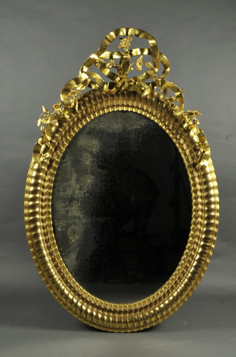 Grand Miroir Ovale d'époque Napoléon III en bois doré-photo-1