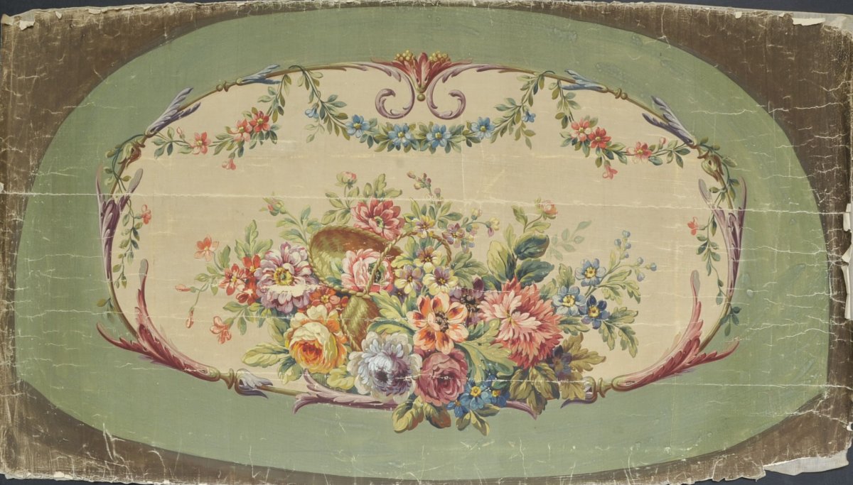 19th Century Aubusson Cardboard With Flower Basket Decor-photo-4