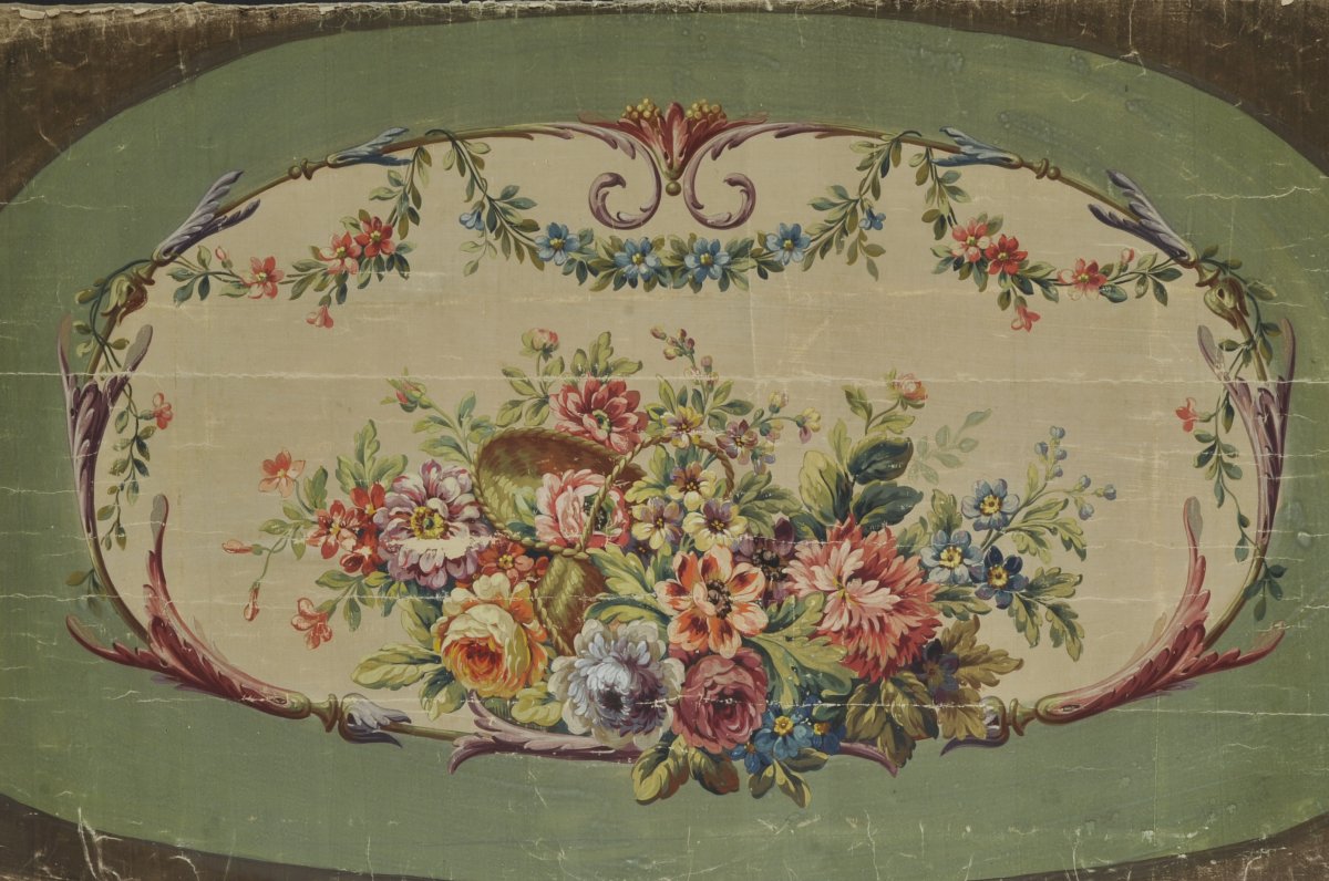 Carton D’aubusson Du19ème Siècle à Décor De Corbeille Fleurie