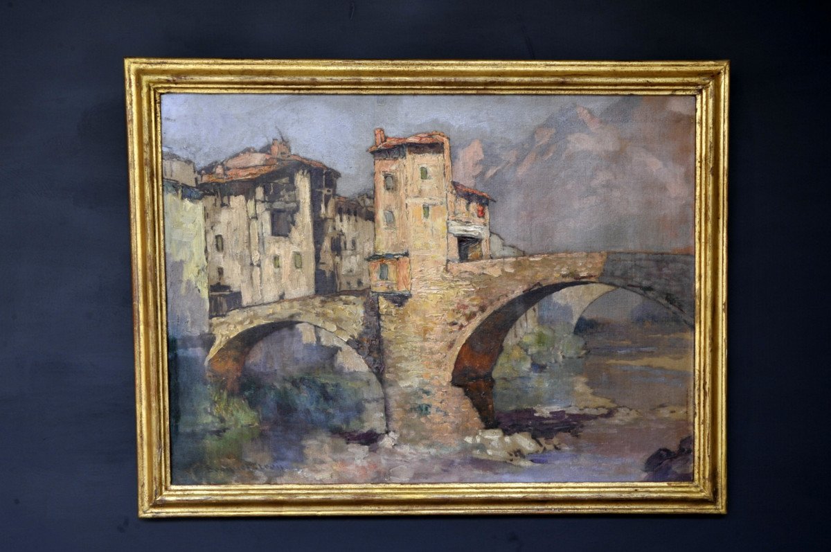 Oil On Canvas Signed Léon Broquet - The Old Bridge In Sospel-photo-2