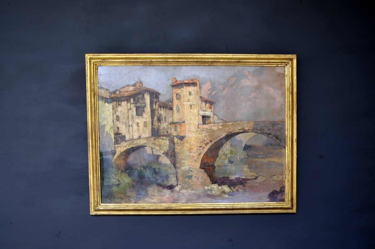 Oil On Canvas Signed Léon Broquet - The Old Bridge In Sospel-photo-3