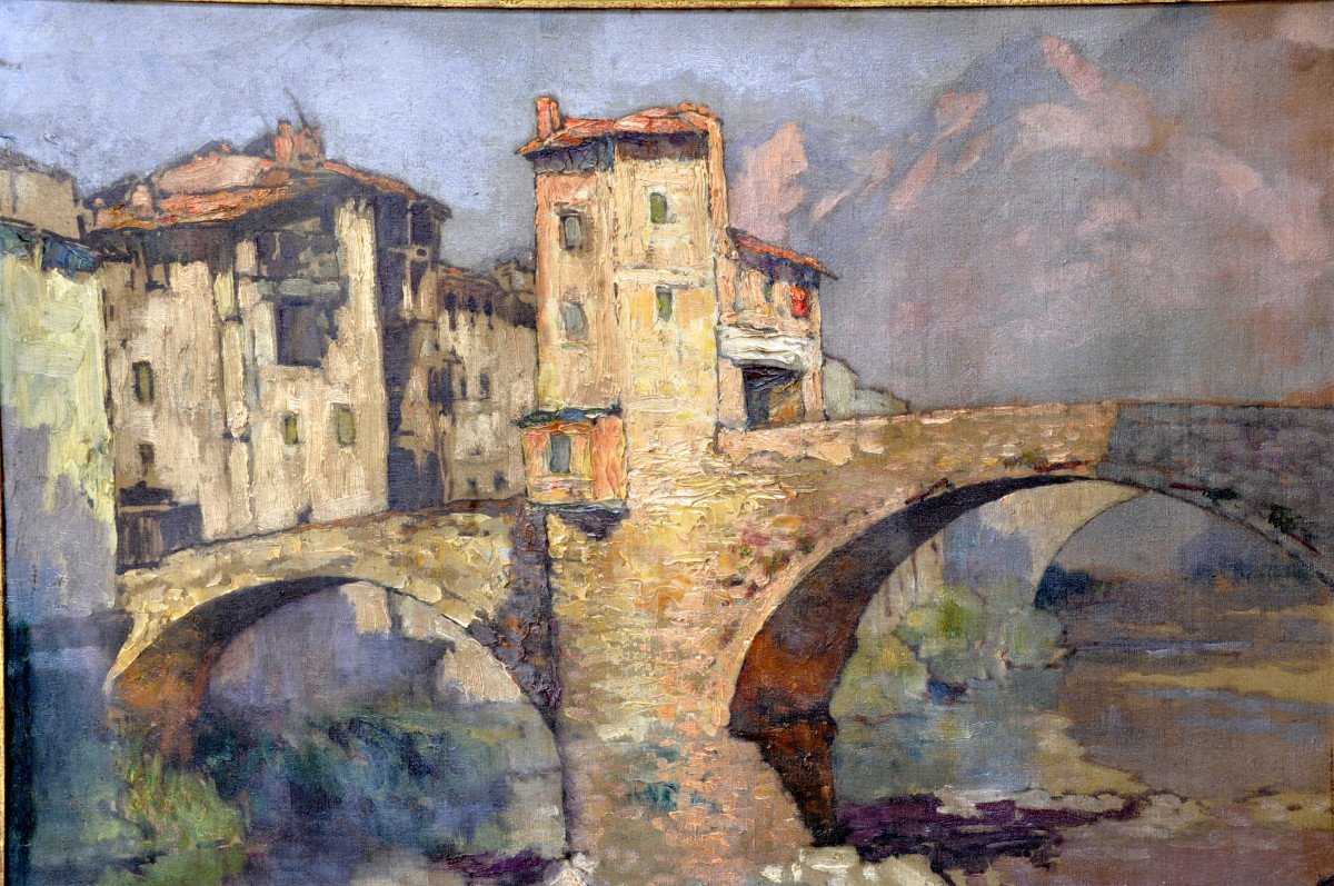 Oil On Canvas Signed Léon Broquet - The Old Bridge In Sospel