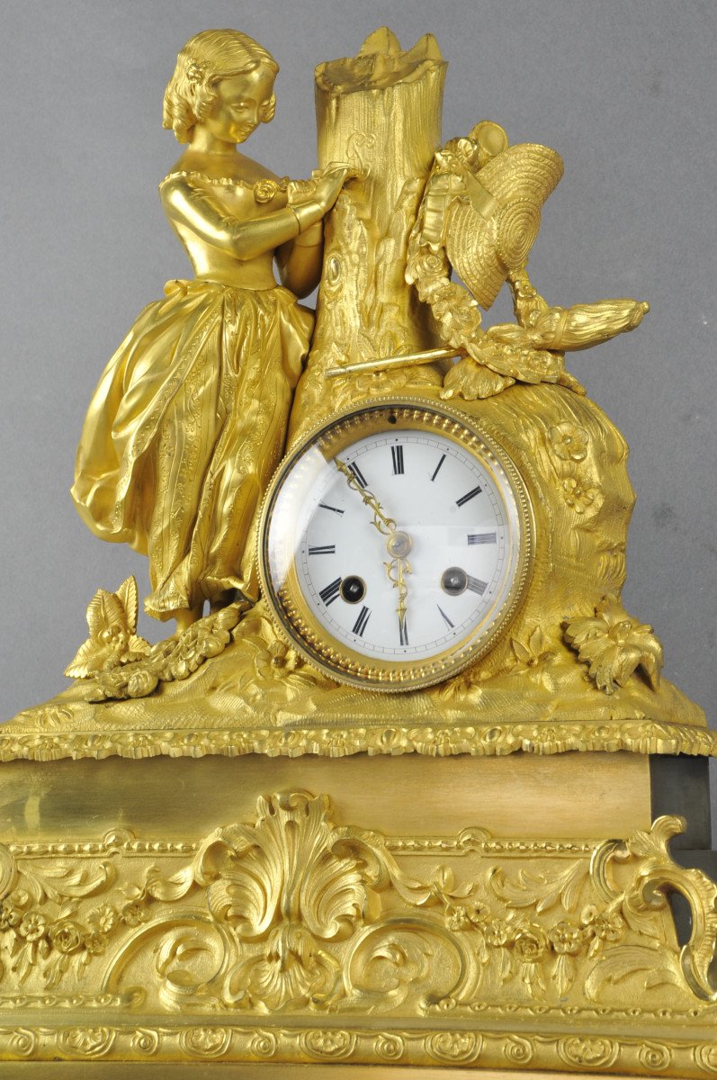 Restauration Period Clock In Gilt Bronze - Romantic School-photo-3