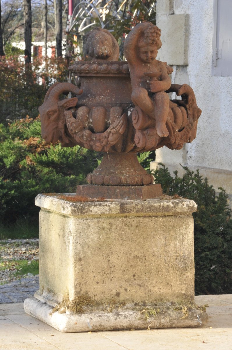 Large Cast Iron Vase With Bacchanalia Decor With Putti