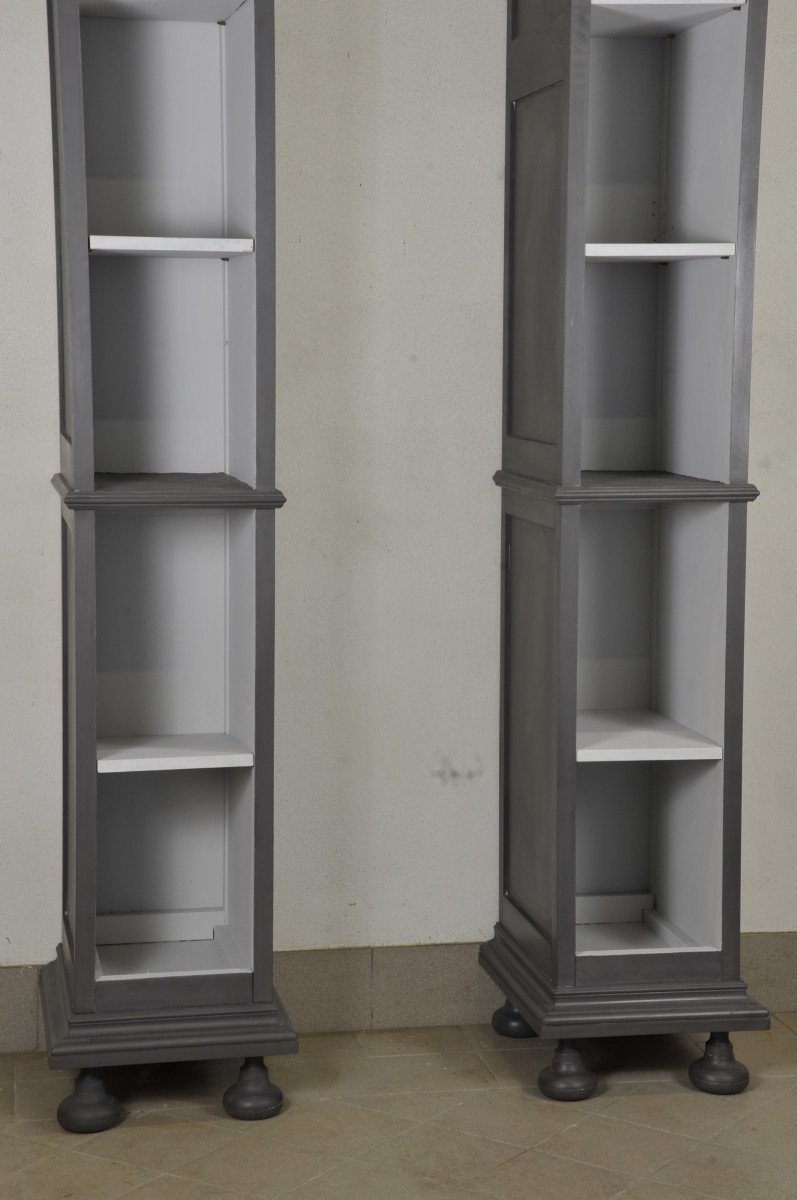 Pair Of High Columns Bookcases In Gray Patinated Wood-photo-3