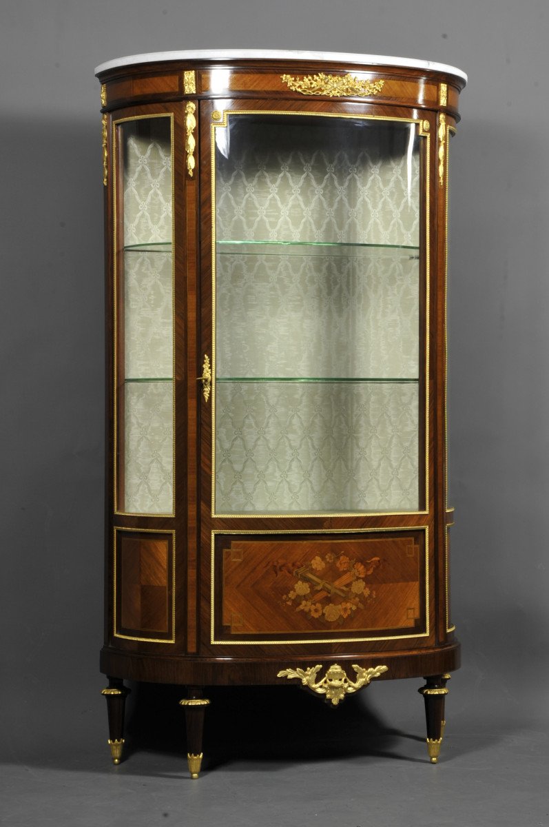 Large Louis XVI Half-moon Shaped  Showcase In Marquetry And Gilt Bronze-photo-2