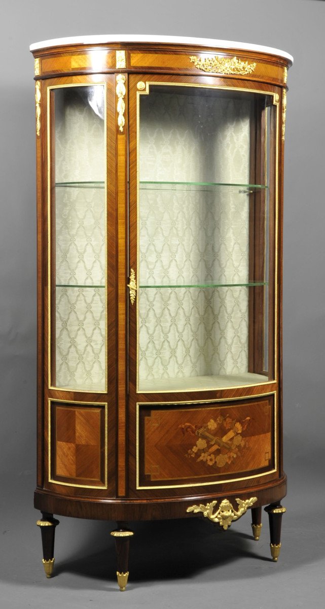 Large Louis XVI Half-moon Shaped  Showcase In Marquetry And Gilt Bronze-photo-5