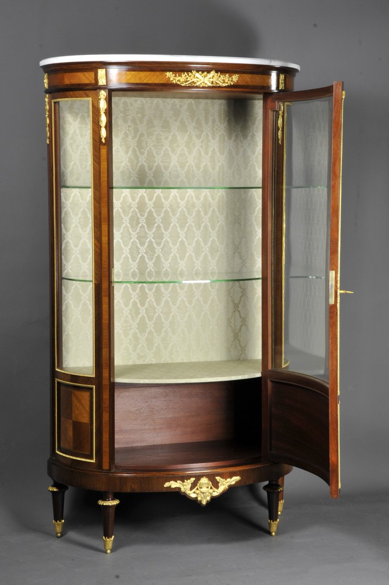 Large Louis XVI Half-moon Shaped  Showcase In Marquetry And Gilt Bronze-photo-6