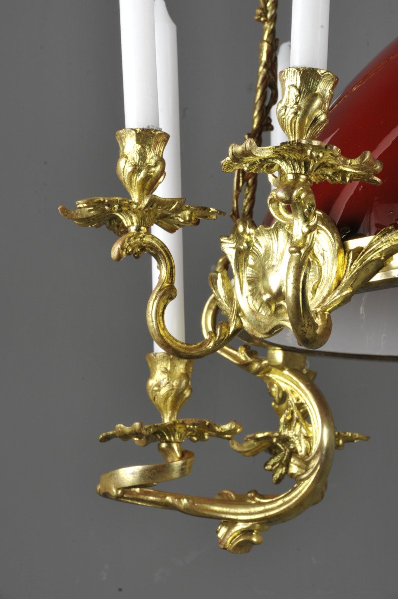 Grand Lustre De Style Rocaille En Bronze Doré à Opaline Rouge-photo-3