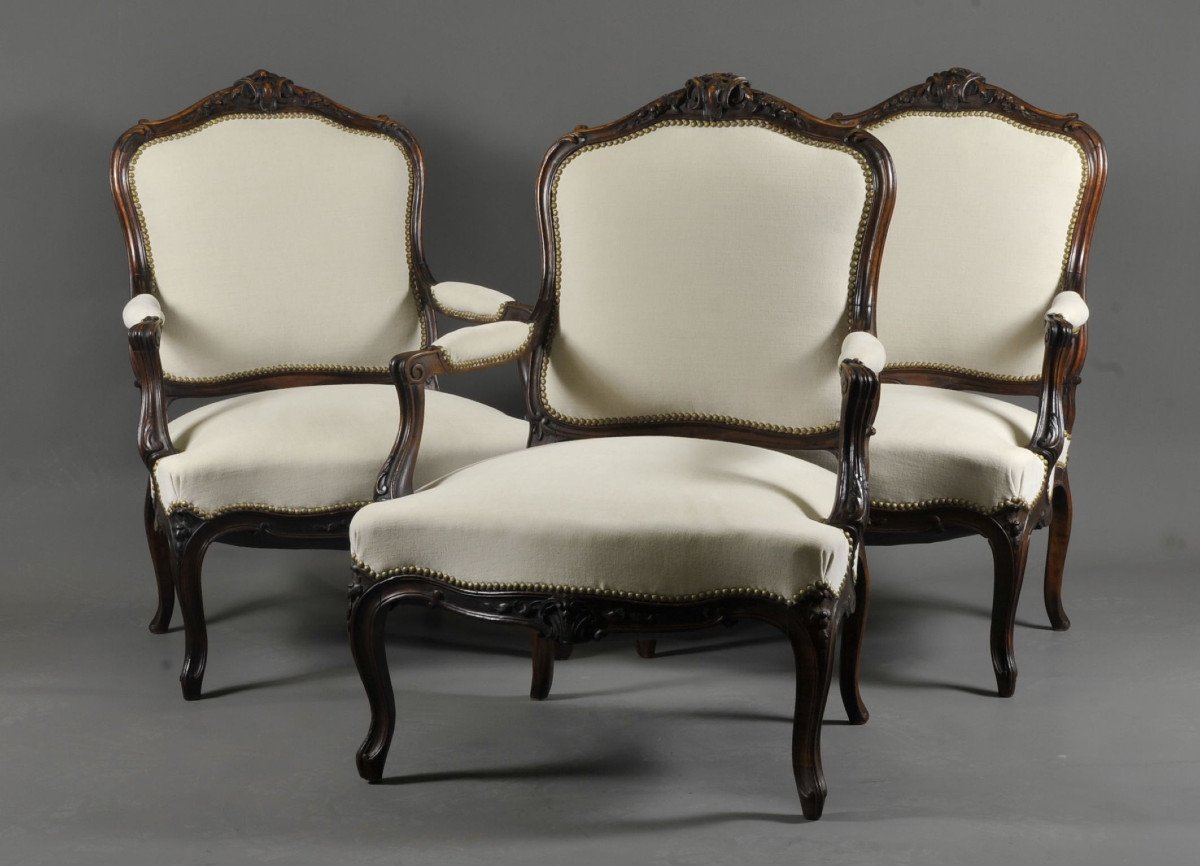 Suite Of Three Large Louis XV Style Armchairs In Carved Walnut