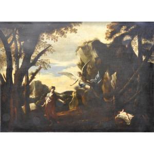 Agar Rescued By An Angel - Very Large Oil On Canvas From The 18th Century (207cm X 150cm)