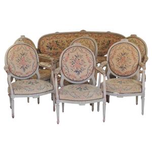 Important Louis XVI Salon In Lacquered Wood And Tapestry - 7 Pieces