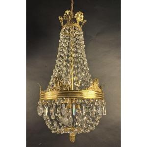 Lustre Montgolfière De Style Empire En Bronze Doré Et Cristal