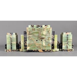 Garniture De Cheminée Art Déco - Pendule Et Ses Deux Blocs En Onyx Vert Et Marbre Portor