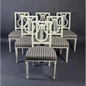 Set Of Six Louis XVI Style Lyre Chairs In Grey Lacquered Wood
