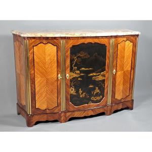 Large Sideboard In Marquetry And Japanese Lacquer, Stamped Soubrier In Paris.