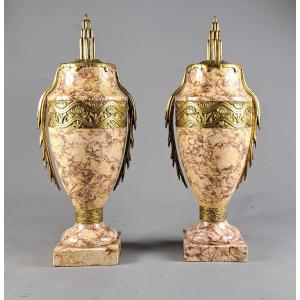 Paire de Cassolettes Art Déco en marbre et bronze doré