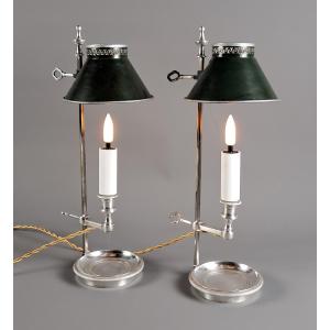 Pair Of Louis XVI Style Silver-plated Bronze Bouillotte Lamps