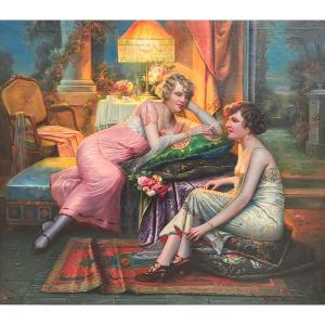 Large Oil On Canvas Signed Max Carlier (1872-1938) - Joyeuse Confidence