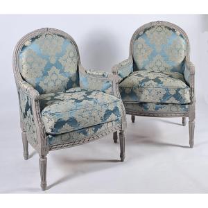 A Large Pair Of Louis XVI-style Wingback Chairs Made Of Lacquered Wood.