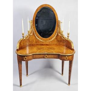 Louis XVI-style Dressing Table In Burl Marquetry And Gilded Bronze