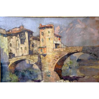 Oil On Canvas Signed Léon Broquet - The Old Bridge In Sospel